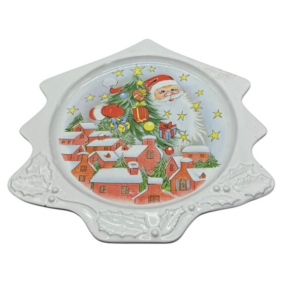 12"Vintage Christmas Santa & Village Ceramic Plate Decorative Holly Design READ - Picture 1 of 13